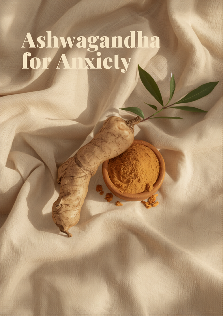Whole ashwagandha root and powdered root in a wooden bowl on a natural linen surface