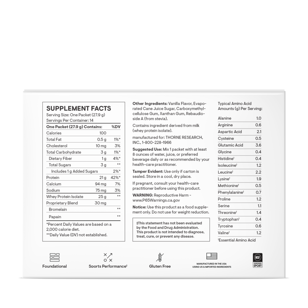 Whey Protein Isolate Vanilla Flavored, 14 Packets , Brand_Thorne Research Form_Packets Size_14 Packets