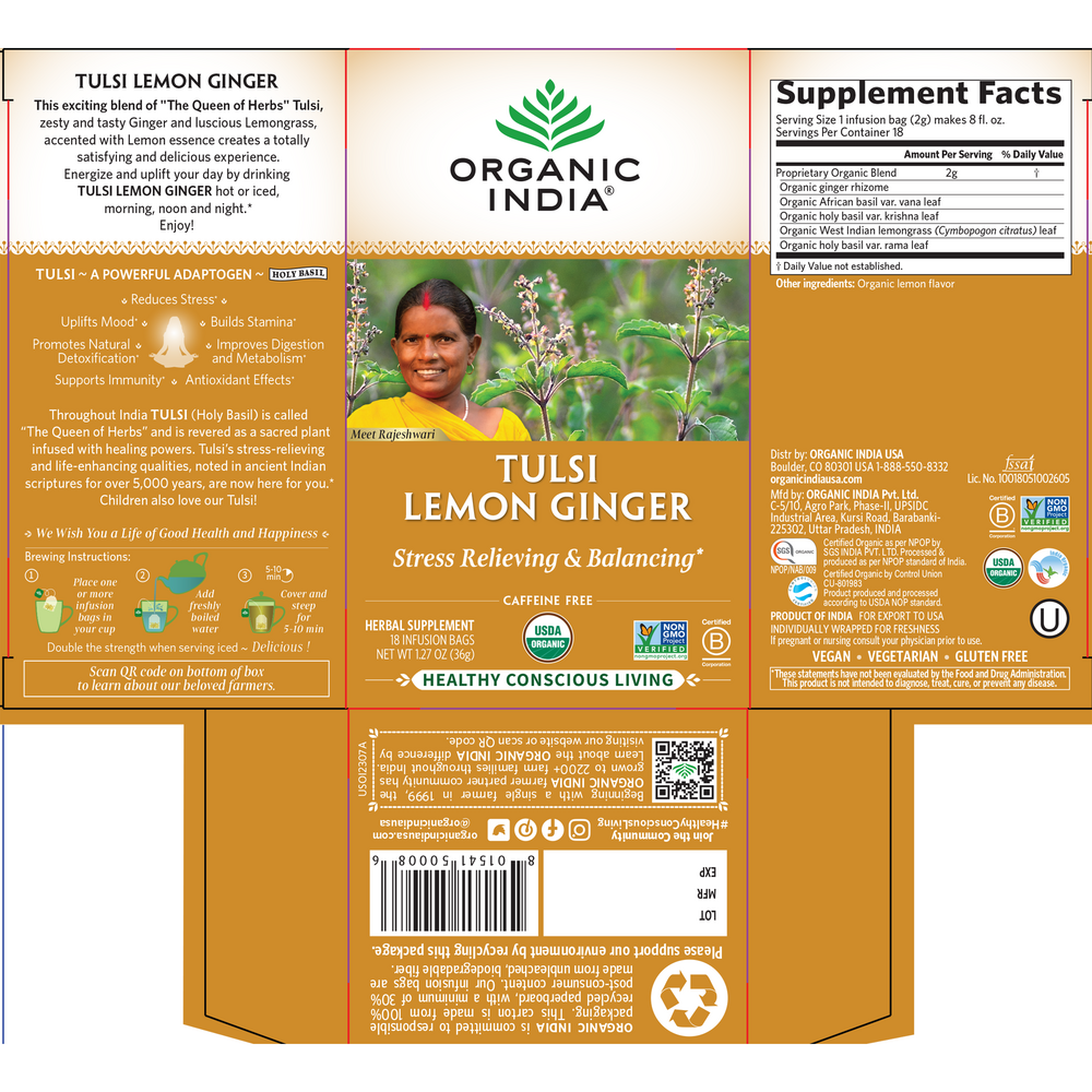 Tulsi Lemon Ginger, 1.27 Ounce (36 g) 18 Tea Bags , Ayurveda Brand_Organic India Form_Tea Bags Size_18 Count