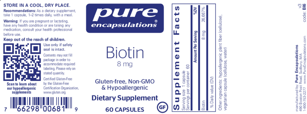 Biotin 8 mg, 60 Capsules , Brand_Pure Encapsulations caps Form_Capsules Not Emersons Potency_8 mg Size_60 Caps