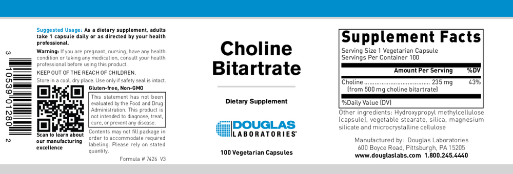 Choline Bitartrate 500mg, 100 Capsules