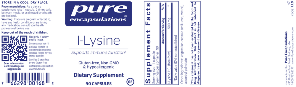 L-lysine, 500 mg, 90 Capsules , Brand_Pure Encapsulations caps