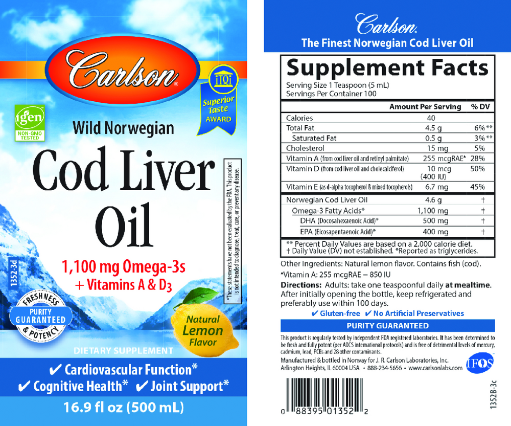 Cod Liver Oil, 1100 mg of Omega-3, Lemon Flavor, 16.9 Fl Oz (500 mL) Liquid