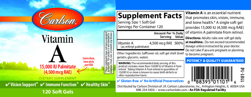 Vitamin A Palmitate 15000IU, 120 Softgels