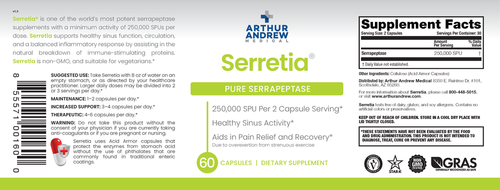Arthur Andrew Medical Serretia - Pure Serrapeptase 250,000 SPU - back