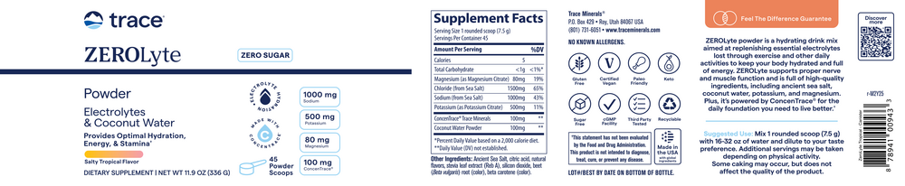 ZEROLyte Electrolytes & Coconut Water Powder, Salty Tropical, 336 g Powder