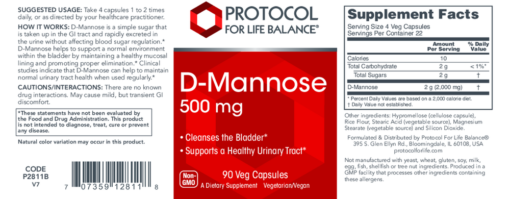 D-Mannose Powder, 500 mg, 90 Vegetarian Capsules , Brand_Protocol for Life Balance capsules Form_Capsules Form_Vegetarian Capsules Potency_500 mg Requires Consultation Size_90 Caps Size_90 Capsules