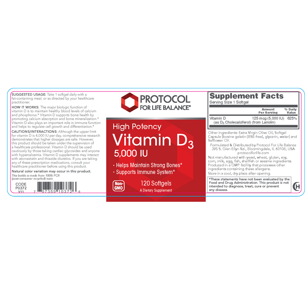High Potency Vitamin D3, 5000 IU, 120 Softgels , Brand_Protocol for Life Balance Form_Softgels Requires Consultation Size_120 Softgel Capsules softgels