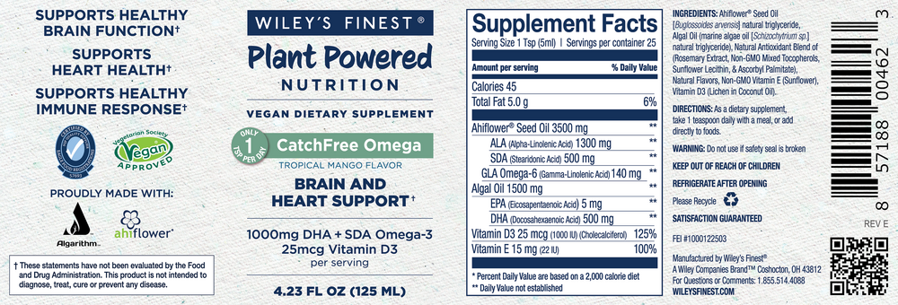 Plant Powered Nutrition CatchFree Omega, Vegan, Tropical Mango Flavor, 125 mL Liquid , Brand_Wiley's Fish Oil Form_Liquid Size_125 mL