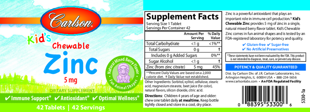 Kid's Chewable Zinc 5mg, 42 Tablets