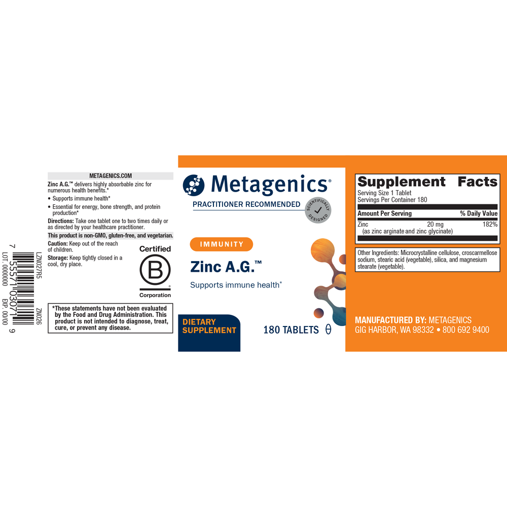Zinc A.G.™, 20 mg, 180 Tablets , Emersons Form_Tablets tabs