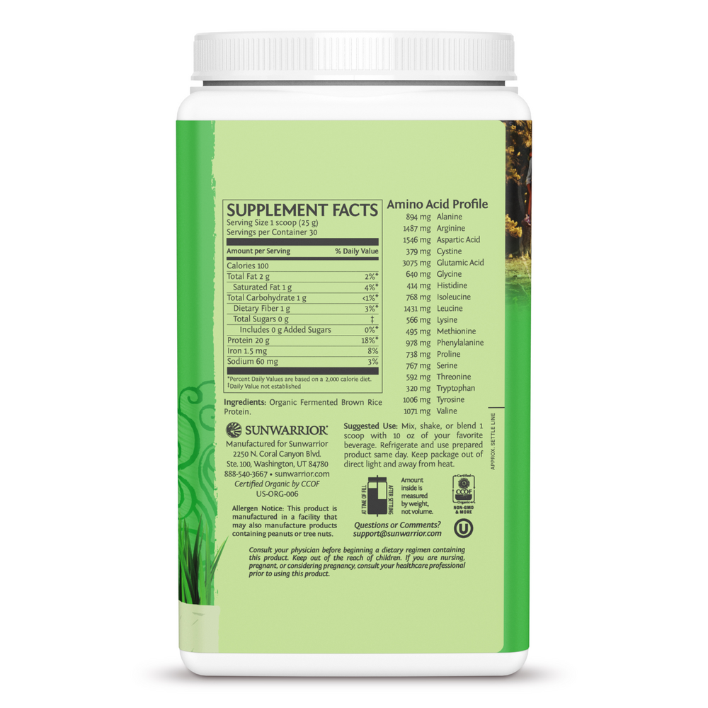 Organic Plant-Based Protein, 20 g of Protein, Natural Flavor, 1.65 Lb (750 g) Powder , Brand_Sunwarrior Flavor_Natural Form_Powder Potency_20 g Size_750 g