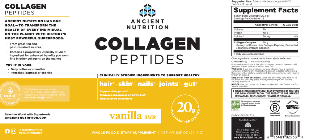 Ancient Nutrition Collagen Peptides - Vanilla - back