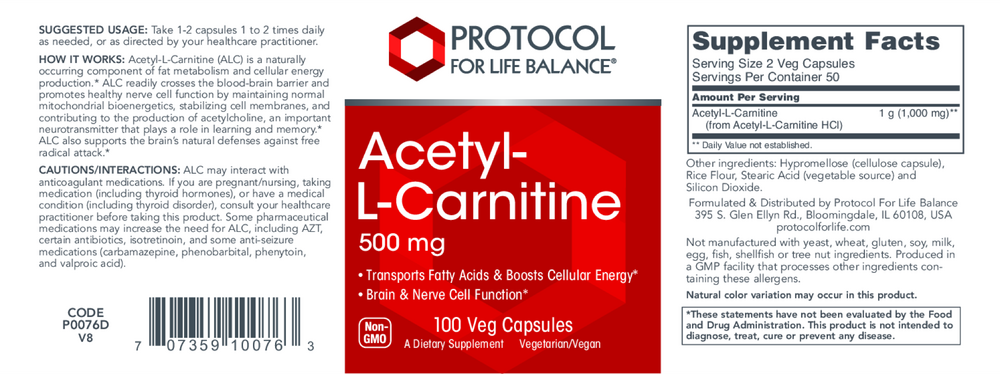 Acetyl-L-Carnitine 500mg, 100 Capsules , Brand_Protocol for Life Balance capsules Form_Capsules Requires Consultation Size_100 Capsules