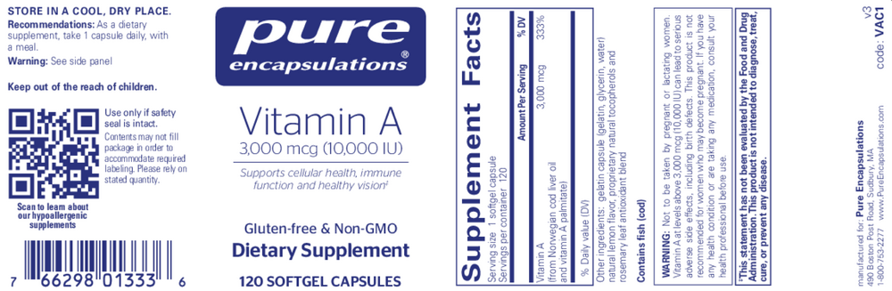 Vitamin A 3,000mcg (10,000IU), 120 Softgel Capsules , Brand_Pure Encapsulations Form_Softgels Requires Consultation Size_120 Softgel Capsules