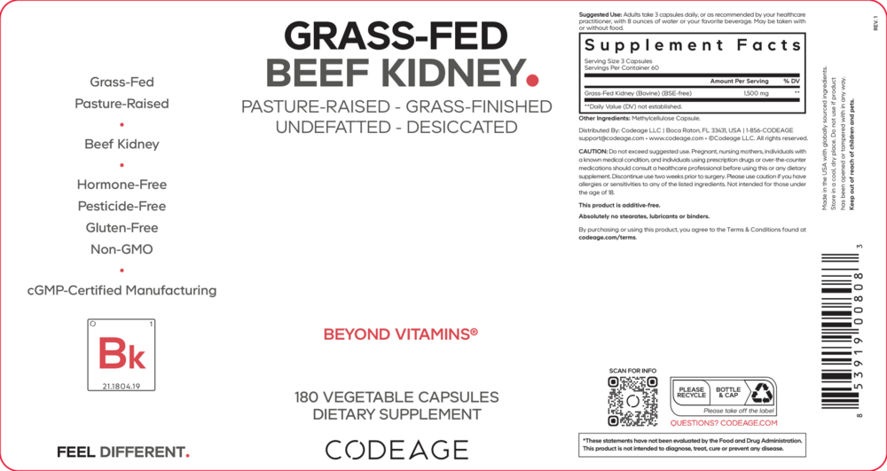 Grass-Fed Beef Kidney, 180 Capsules