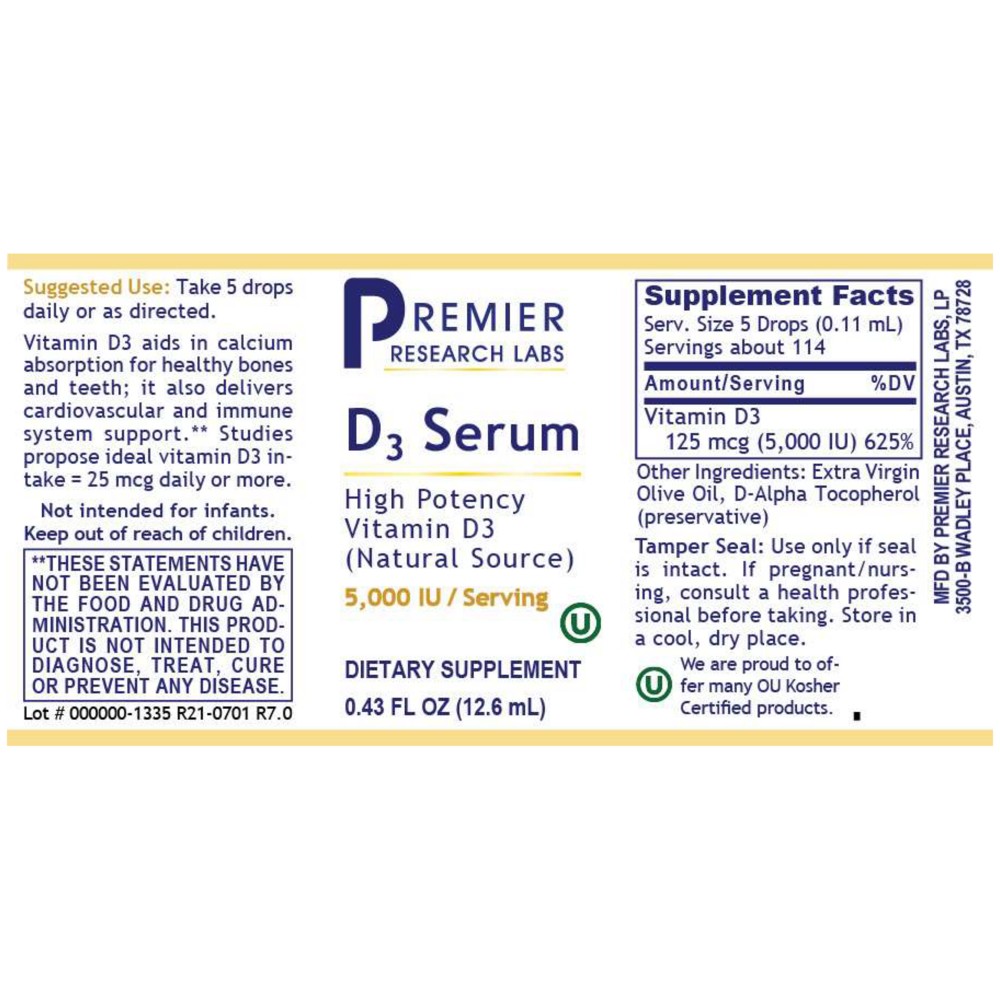 D3 Serum, 12.6 Milliliters , Brand_Premier Research Labs Form_Liquid liquid Requires Consultation Size_12.6 Milliliters