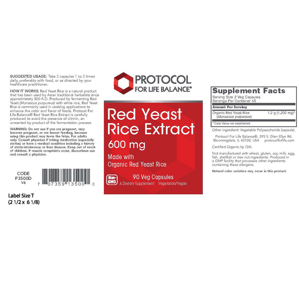 Red Yeast Rice Extract 600mg, 90 Capsules , Brand_Protocol for Life Balance capsules Form_Capsules Requires Consultation Size_90 Capsules