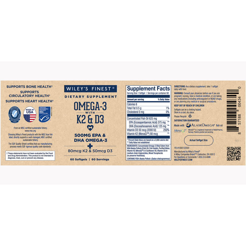 Omega-3 with K2 & D3, 60 Softgels , Brand_Wiley's Fish Oil Form_Softgels Size_60 Softgels