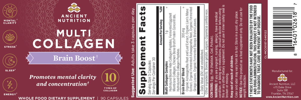Ancient Nutrition Multi Collagen - Brain Boost Capsules - back