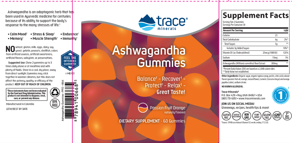 Ashwagandha Gummies - Passion Fruit Orange Flavor, 60 Gummies