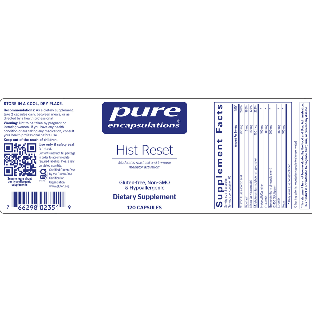 Hist Reset, 120 capsules , Allergy Support caps Histamine Support Immune Support New Product Pure Encapsulations Quercetin