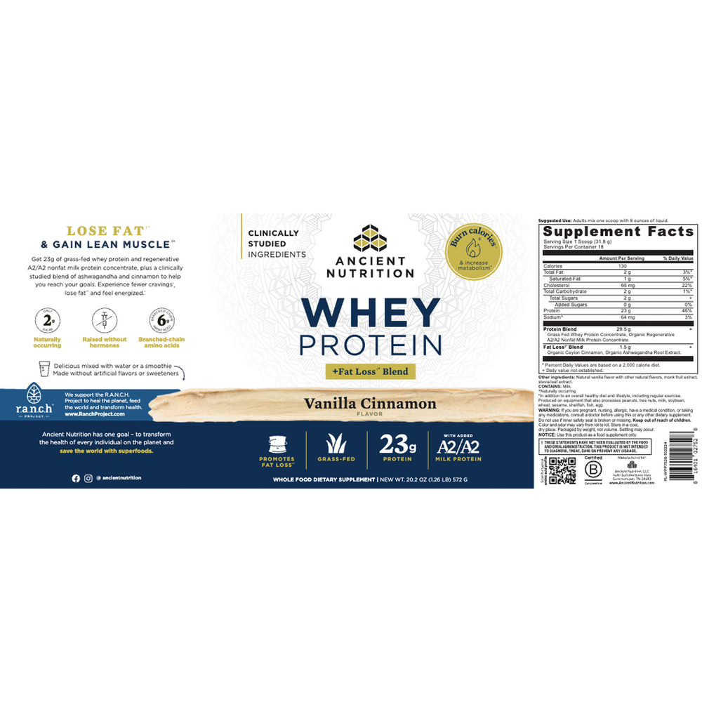 Ancient Nutrition Whey Protein Powder (Fat Loss Blend) - Cinnamon Vanilla - back