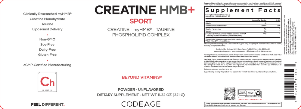 Creatine HMB+ Powder, Unflavored, 321 g Powder