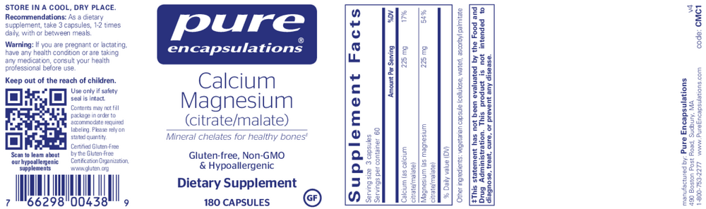 Calcium Mag (Citrate/Malate), 180 Capsules , Brand_Pure Encapsulations Form_Capsules Requires Consultation Size_180 Capsules