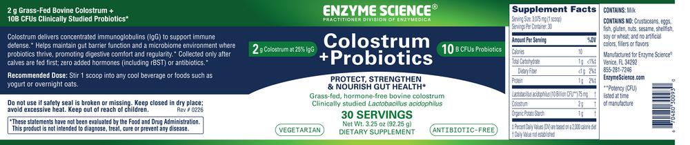 Colostrum + Probiotics Powder, Unflavored, 92.25 g Powder