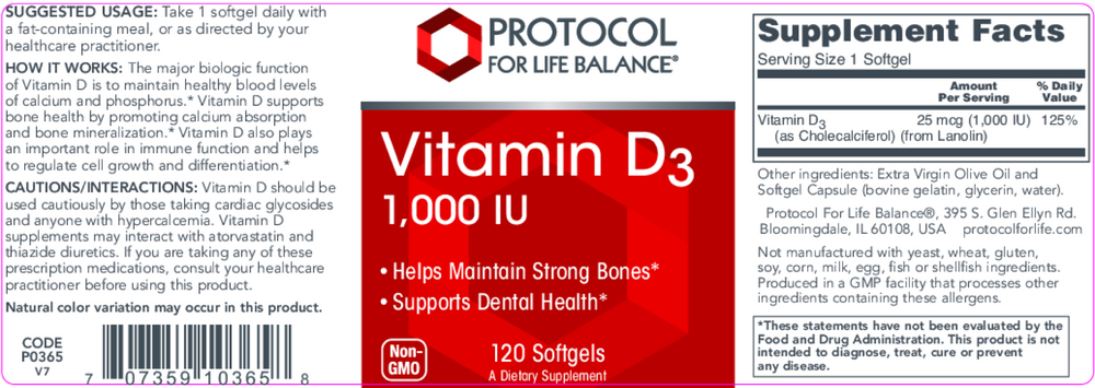 Vitamin D3 1,000IU, 120 Softgels , Brand_Protocol for Life Balance Form_Softgels Requires Consultation Size_120 Softgels softgels