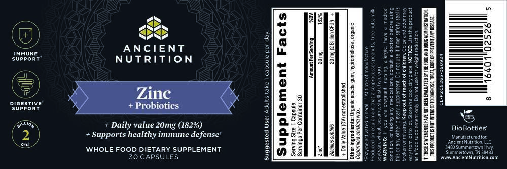 Ancient Nutrition Zinc + Probiotics - back