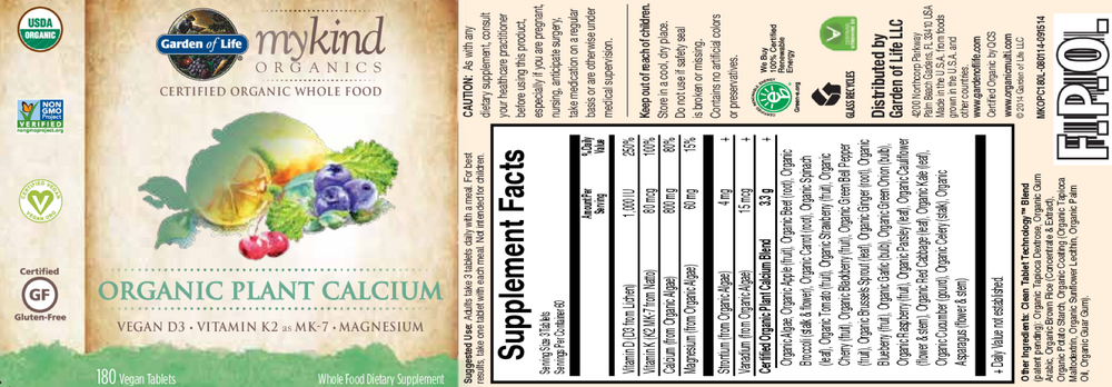 mykind Organics Organic Plant Calcium, 180 Tablets