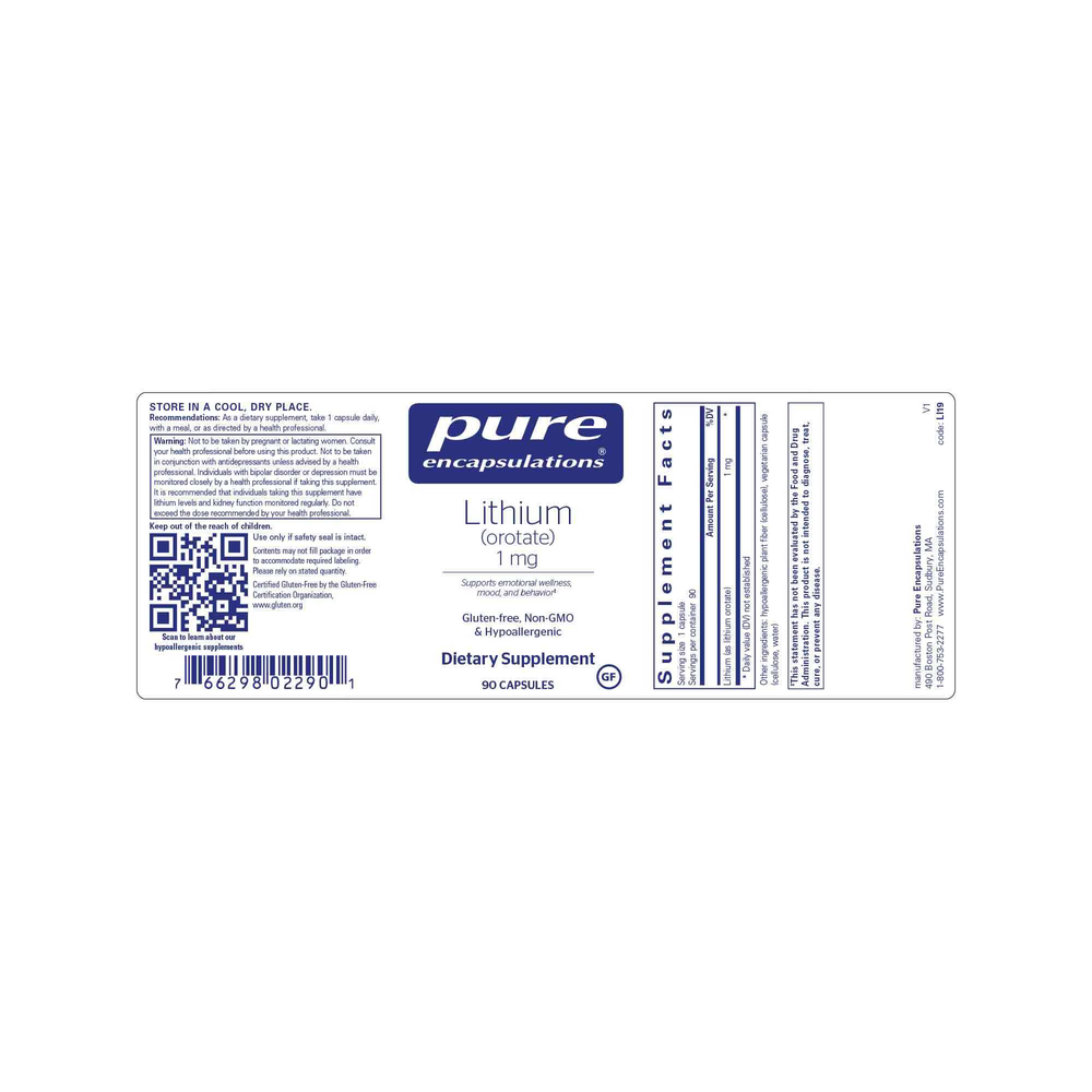 Lithium (orotate), 1 mg, 90 Capsules , Brand_Pure Encapsulations caps Emersons