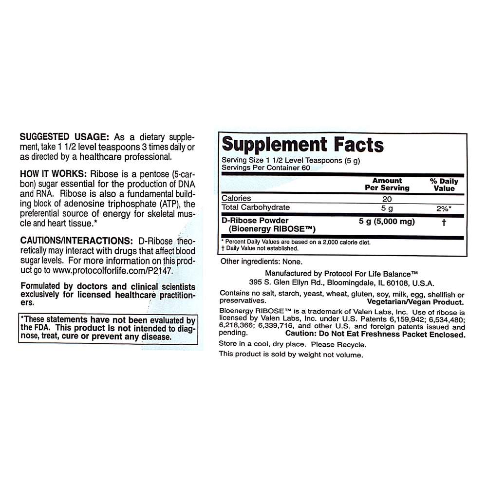 Pure D-Ribose Powder, 8 Oz (227 g) Powder , Brand_Protocol for Life Balance Form_Powder powder Requires Consultation Size_227 Grams Size_8 Oz