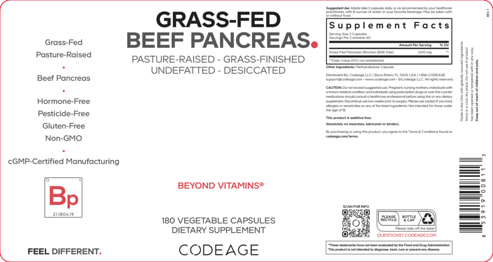 Grass-Fed Beef Pancreas, 180 Capsules