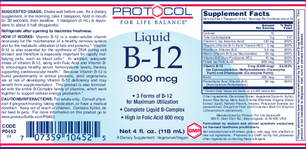 Vitamin B-12 Liquid 5000mcg, 118 Milliliters , Brand_Protocol for Life Balance Form_Liquid liquid Requires Consultation Size_118 Milliliters