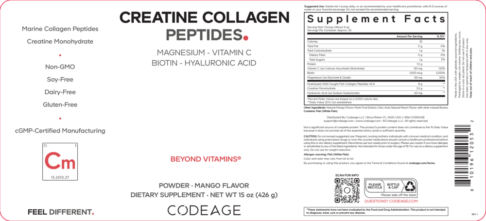 Creatine Collagen Peptides Powder, Mango, 426 g Powder