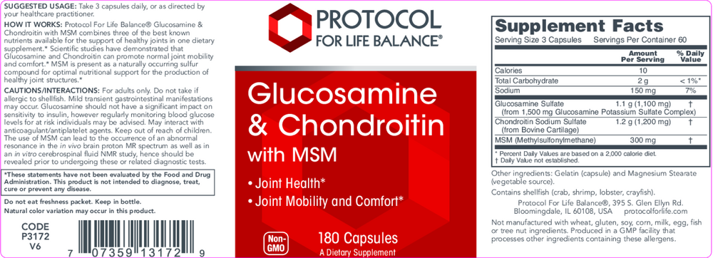 Glucosamine and Chondroitin + MSM, 180 Capsules , Brand_Protocol for Life Balance capsules Form_Capsules Requires Consultation Size_180 Capsules