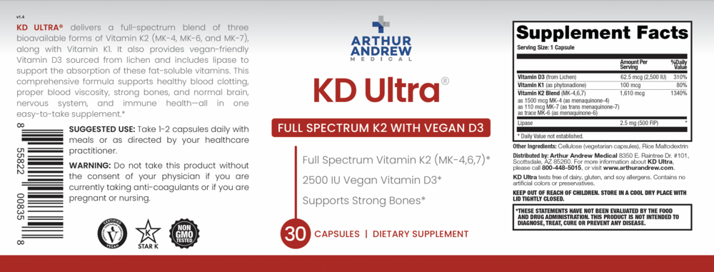 Arthur Andrew Medical KD Ultra, Full Spectrum K2 and Vegan D3 - back