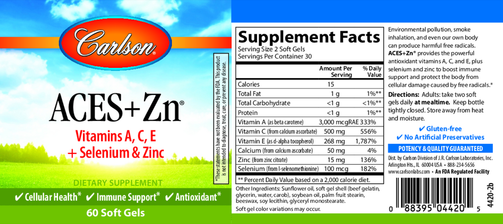 ACES + Zn® with Vitamins A + C + E + Selenium and Zinc, 60 Softgels