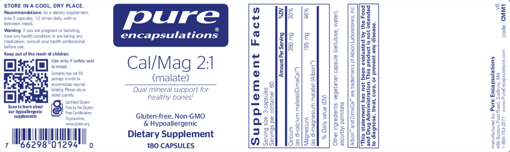 Cal/Mag (Malate) 2:1, 180 Capsules , Brand_Pure Encapsulations Form_Capsules Requires Consultation Size_180 Capsules