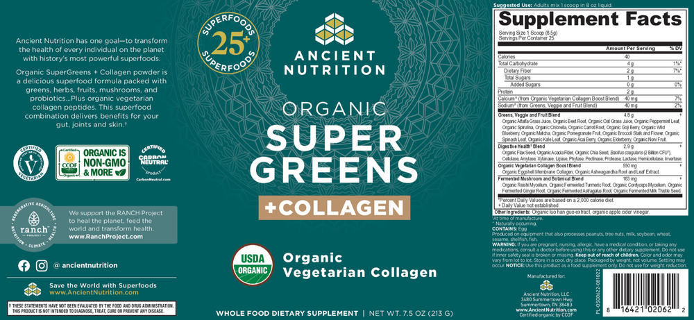 Ancient Nutrition Organic SuperGreens + Collagen - back