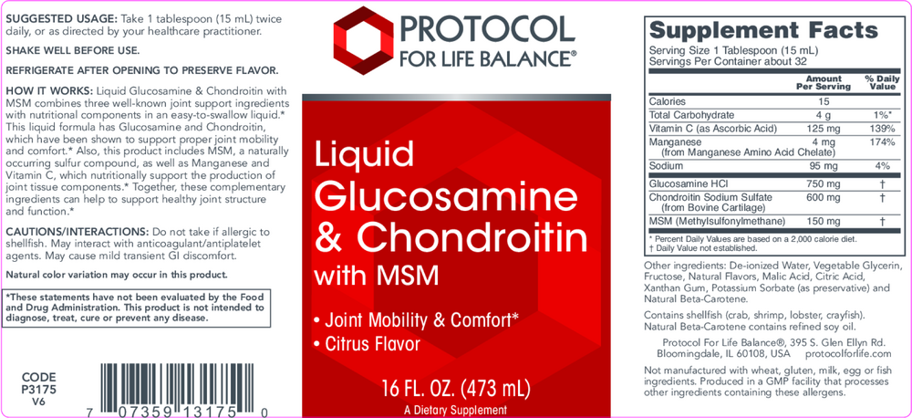 Glucosamine and Chondroitin Liq + MSM, 473 Milliliters , Brand_Protocol for Life Balance Form_Liquid liquid Requires Consultation Size_473 Milliliters