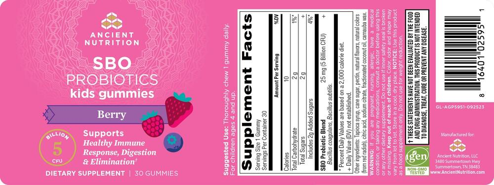 Ancient Nutrition SBO KIDS Probiotic Gummies, Berry - back