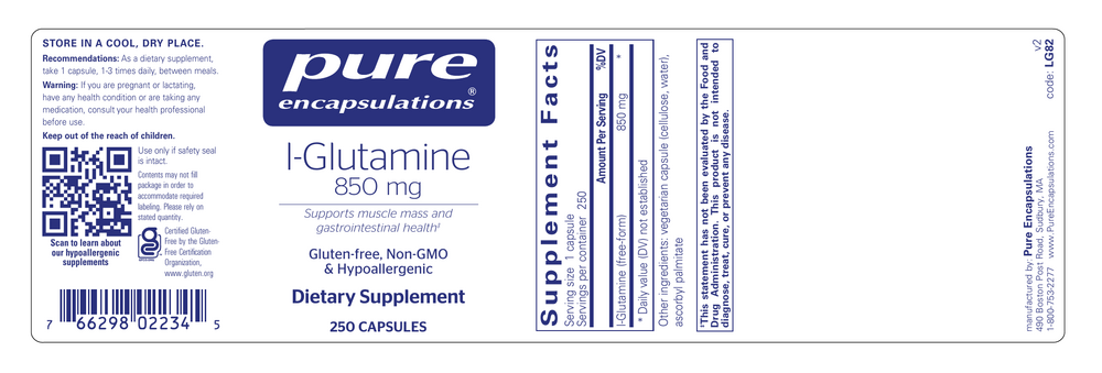 l-Glutamine 850mg, 250 Capsules , Brand_Pure Encapsulations Form_Capsules Requires Consultation Size_250 Capsules