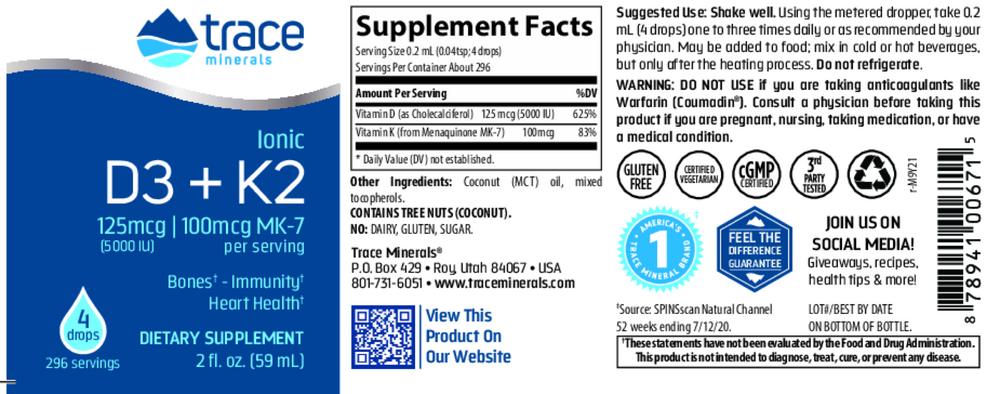 Ionic Vitamin D3 + K2, 59 mL Liquid