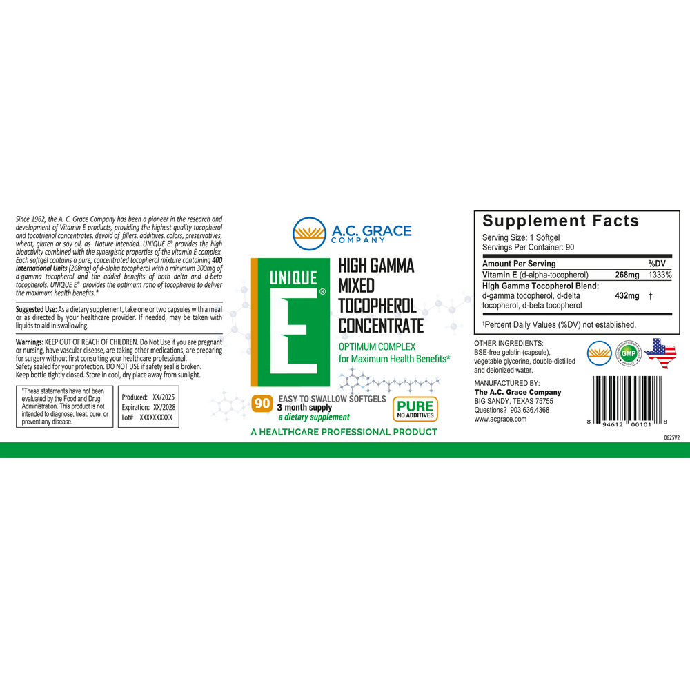 A.C. Grace UNIQUE E Mixed Tocopherols Concentrate 90 softgels - back of bottle