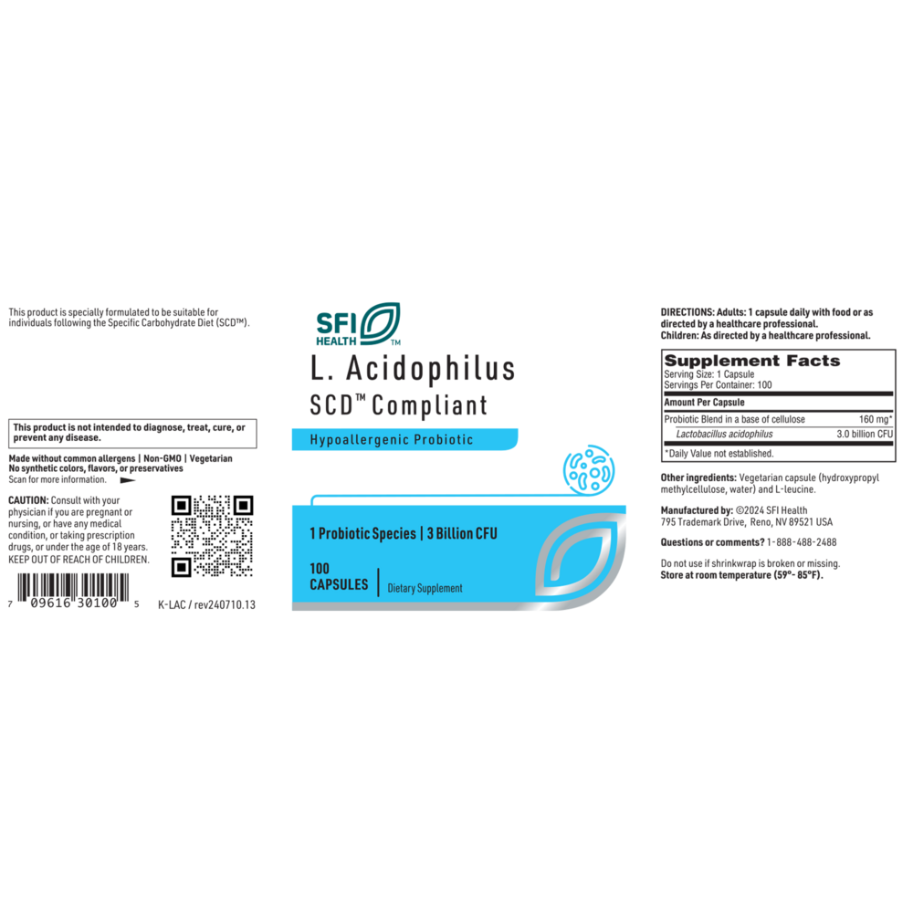 L. Acidophilus SCD Compliant Probiotic, 100 Capsules