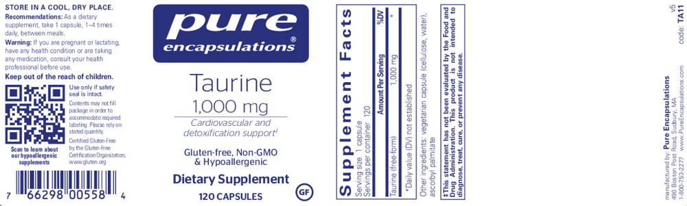Taurine 1000mg, 120 Capsules , Brand_Pure Encapsulations Form_Capsules Requires Consultation Size_120 Capsules